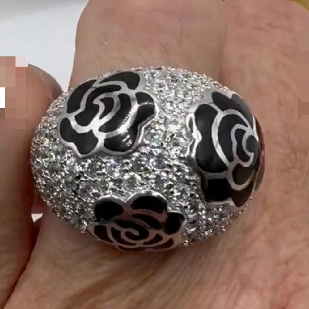 VTG RARESerling Silver Ring Black Enamel Roses with Pave Cz Diamonds Size 10